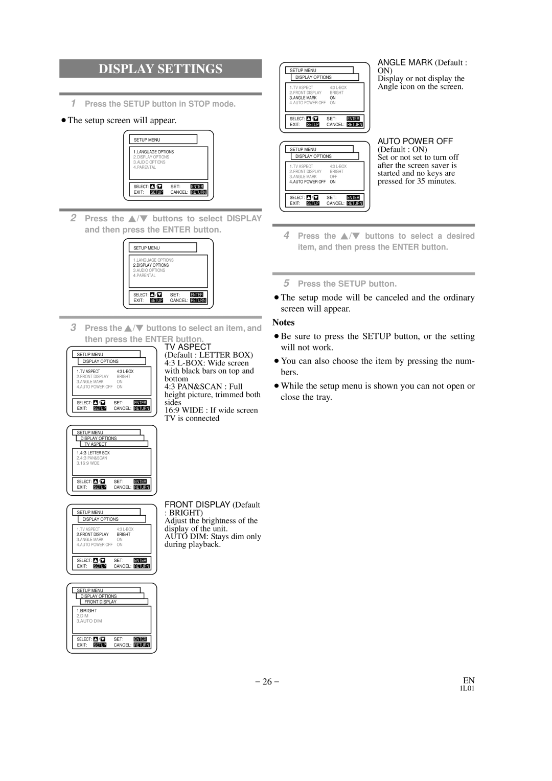 Hitachi DVP325U instruction manual Display Settings, Auto Power OFF 