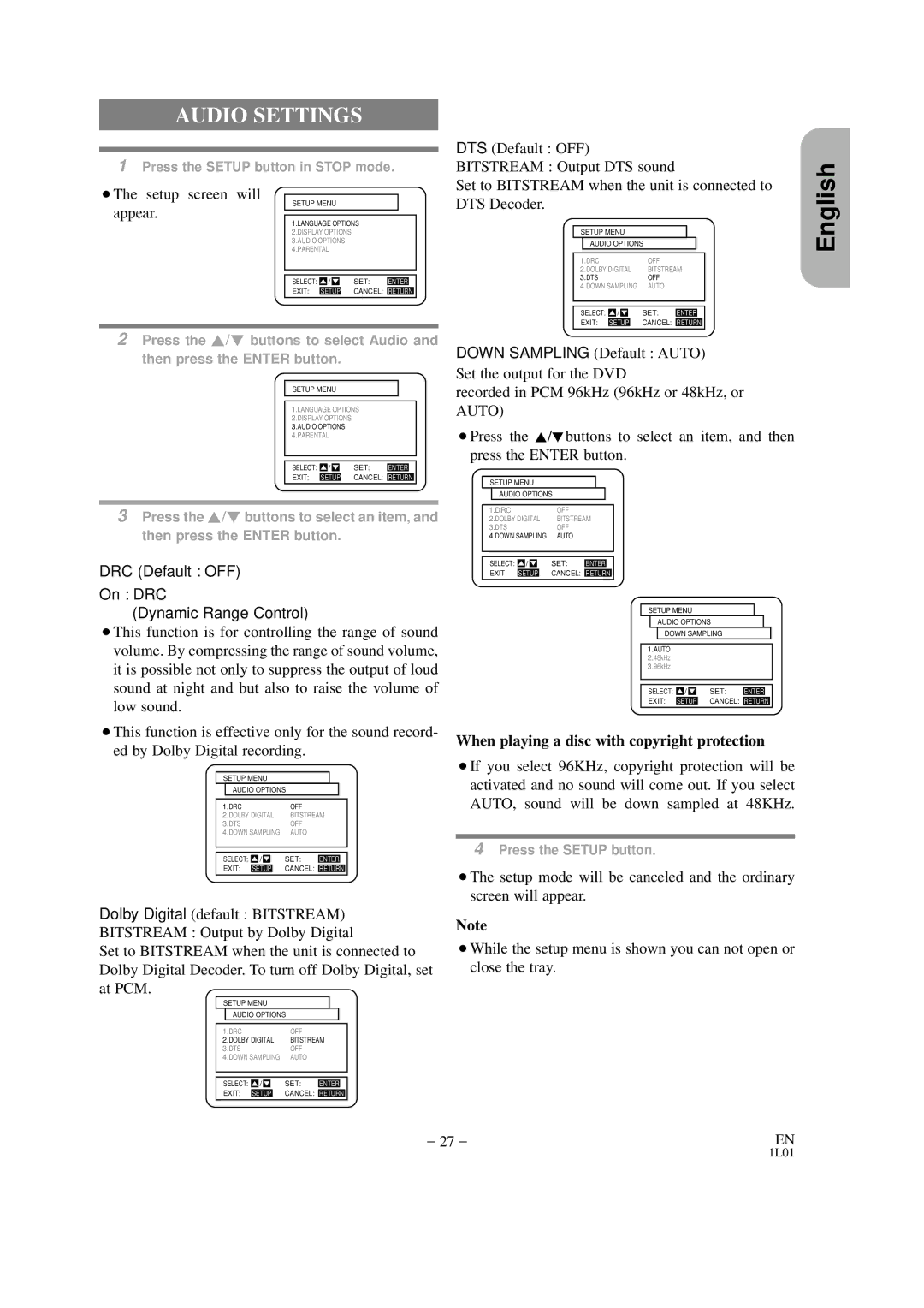 Hitachi DVP325U Audio Settings, ¡The setup screen will, Appear, When playing a disc with copyright protection 