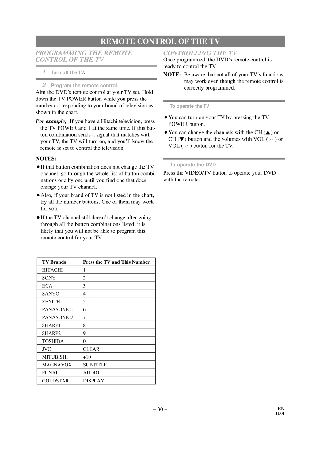 Hitachi DVP325U instruction manual Programming the Remote Control of the TV, Controlling the TV 