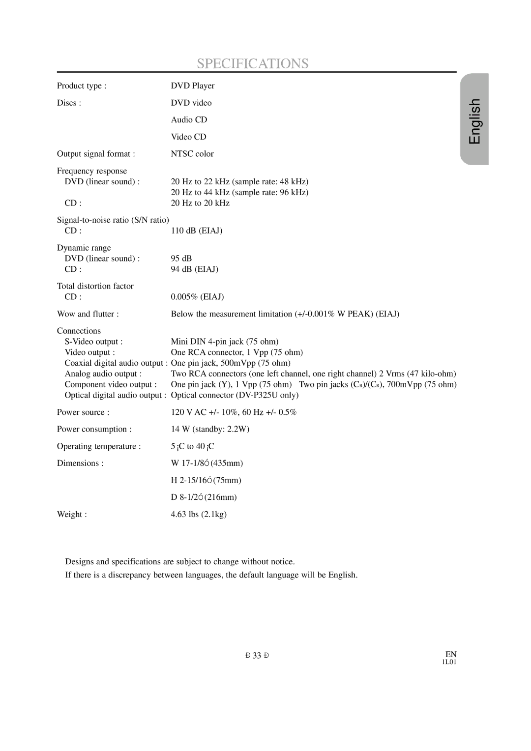 Hitachi DVP325U instruction manual Specifications 