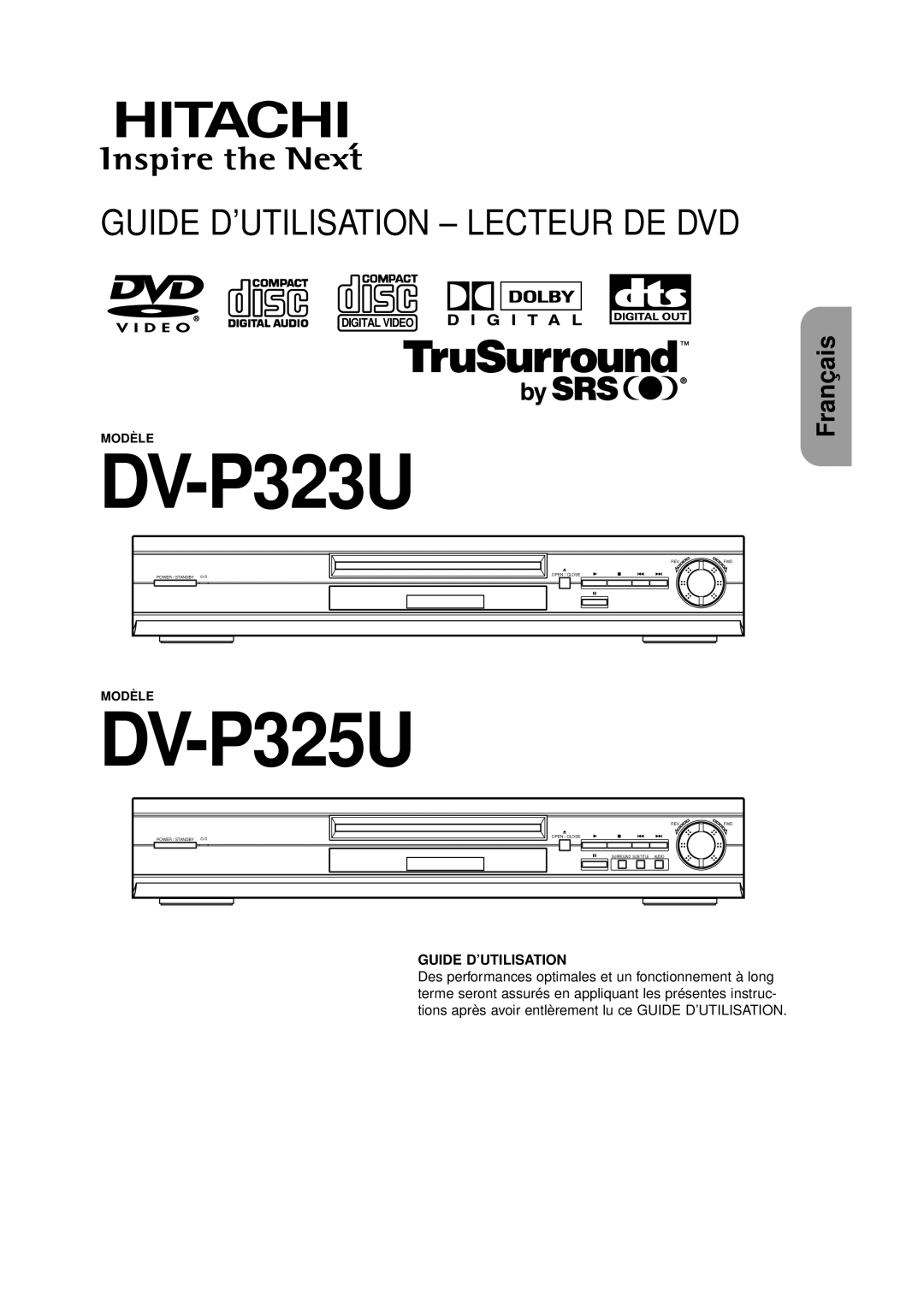 Hitachi DVP325U instruction manual Guide D’UTILISATION Lecteur DE DVD 