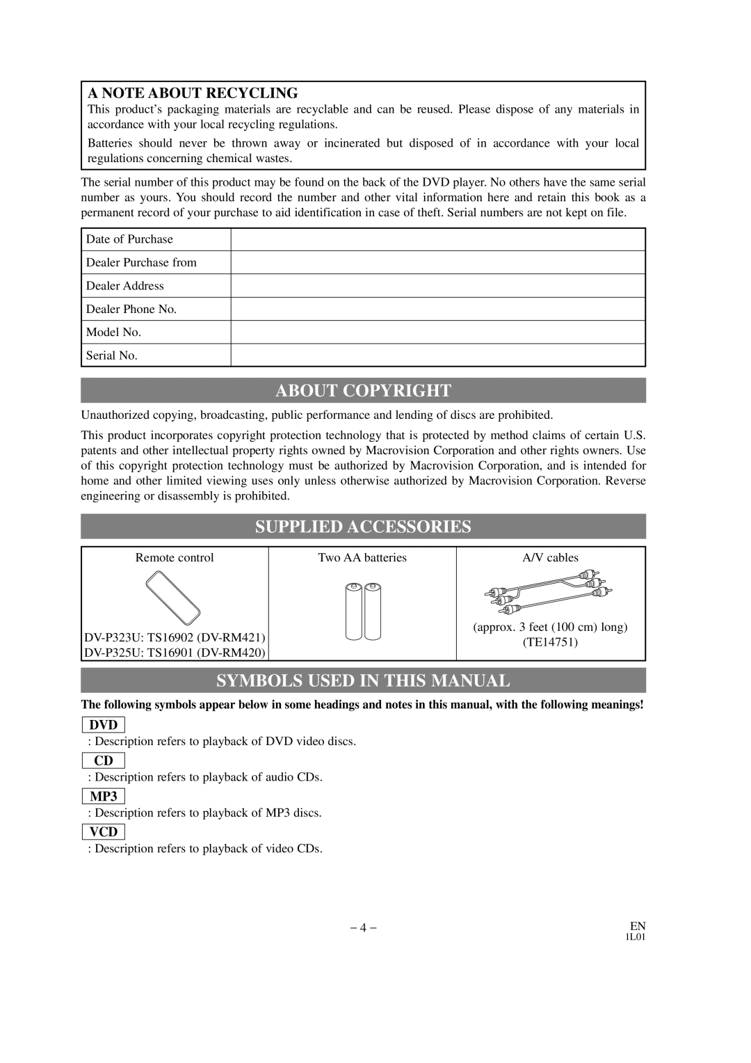 Hitachi DVP325U instruction manual About Copyright, Supplied Accessories, Symbols Used in this Manual 