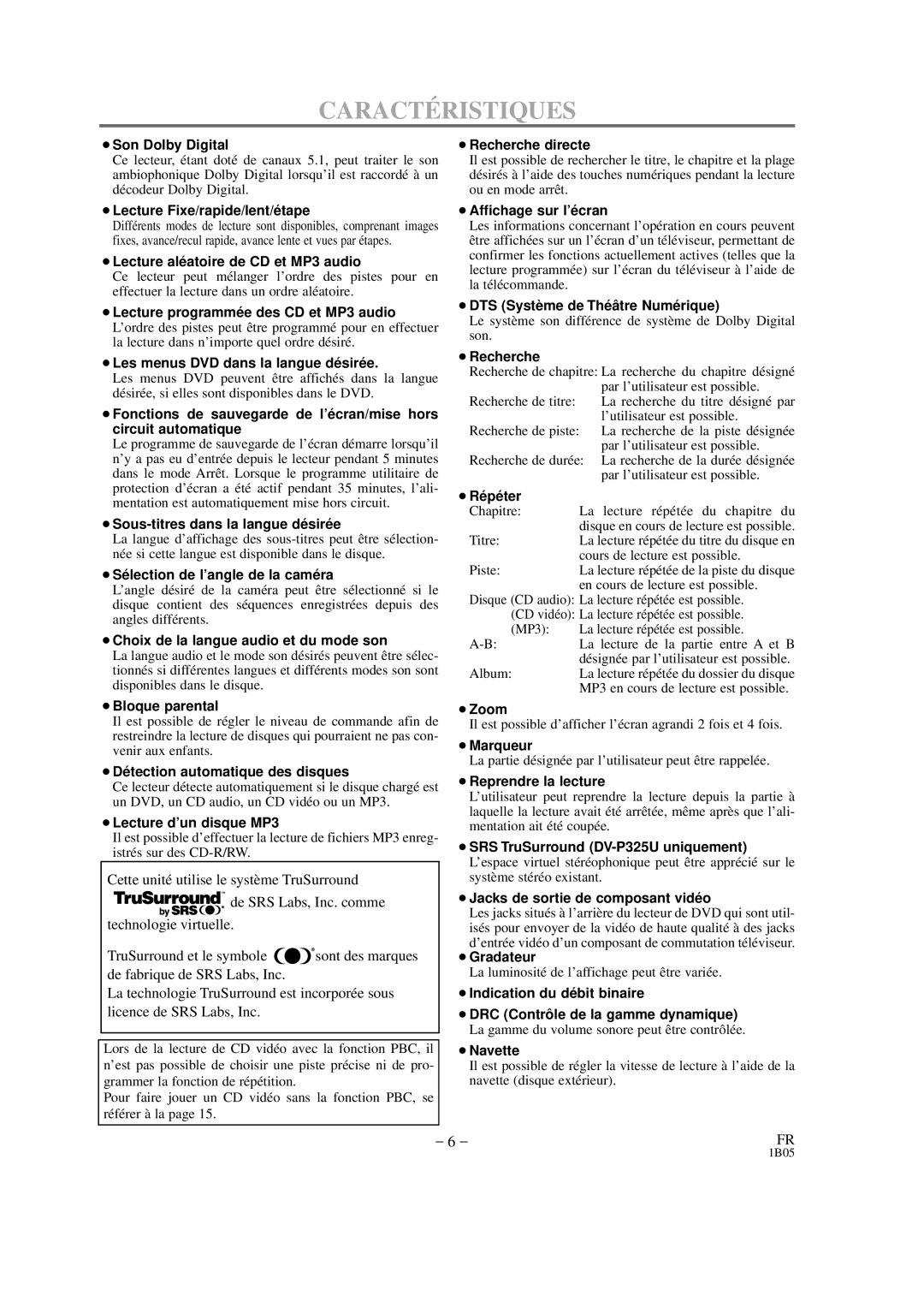 Hitachi DVP325U instruction manual Caracté Ristiques, ¡Son Dolby Digital 