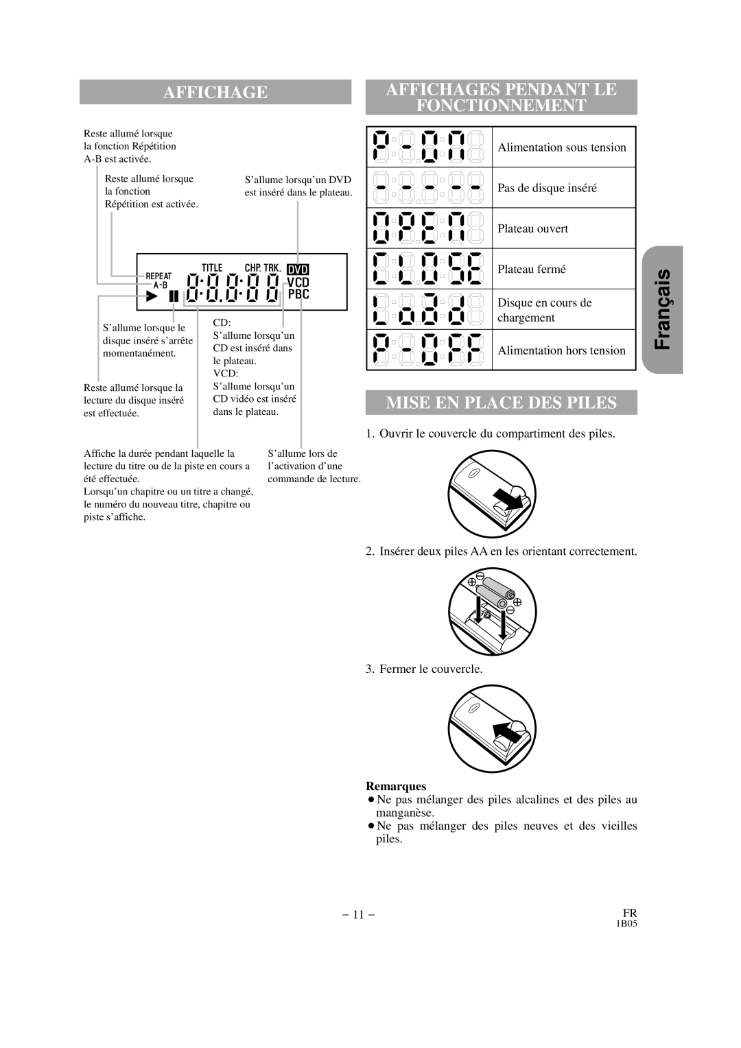 Hitachi DVP325U instruction manual Affichages Pendant LE Fonctionnement, Mise EN Place DES Piles, Remarques 