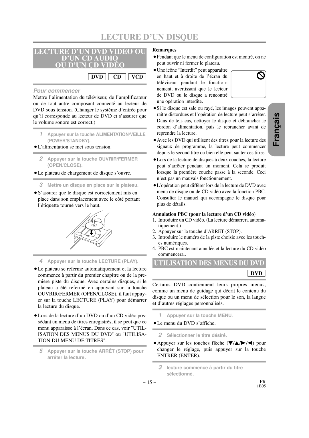 Hitachi DVP325U instruction manual Lecture D’UN Disque, Lecture D’UN DVD Vidé O OU ’UN CD Audio OU D’UN CD Vidé O 