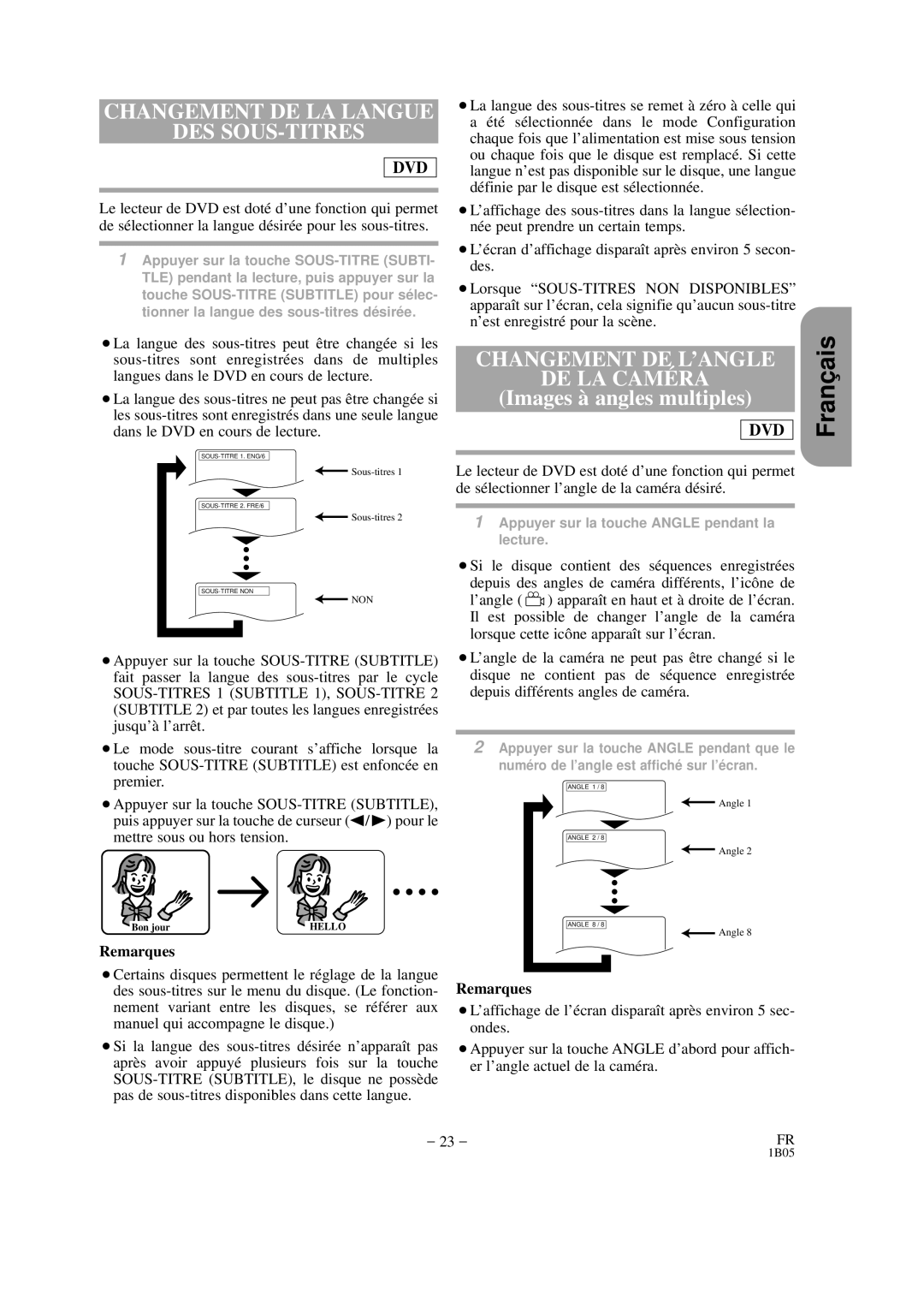 Hitachi DVP325U instruction manual Changement DE LA Langue DES SOUS-TITRES, Changement DE L’ANGLE DE LA Camé RA 