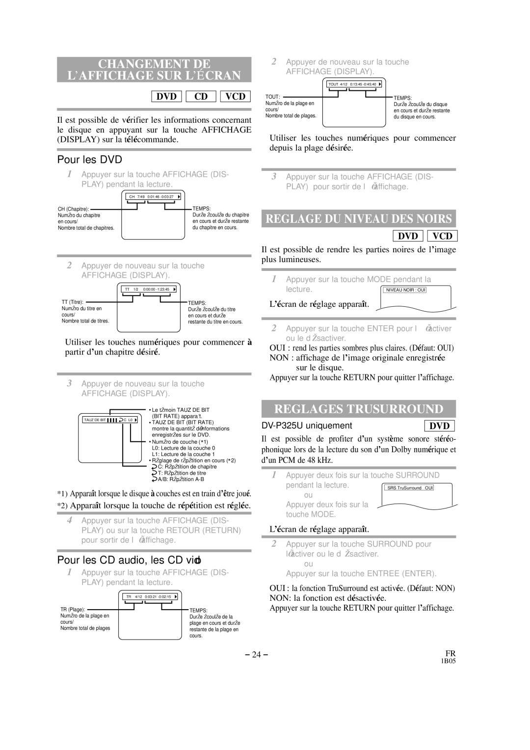 Hitachi DVP325U instruction manual Changement DE ’AFFICHAGE SUR L’É Cran, Reglage DU Niveau DES Noirs, Reglages Trusurround 