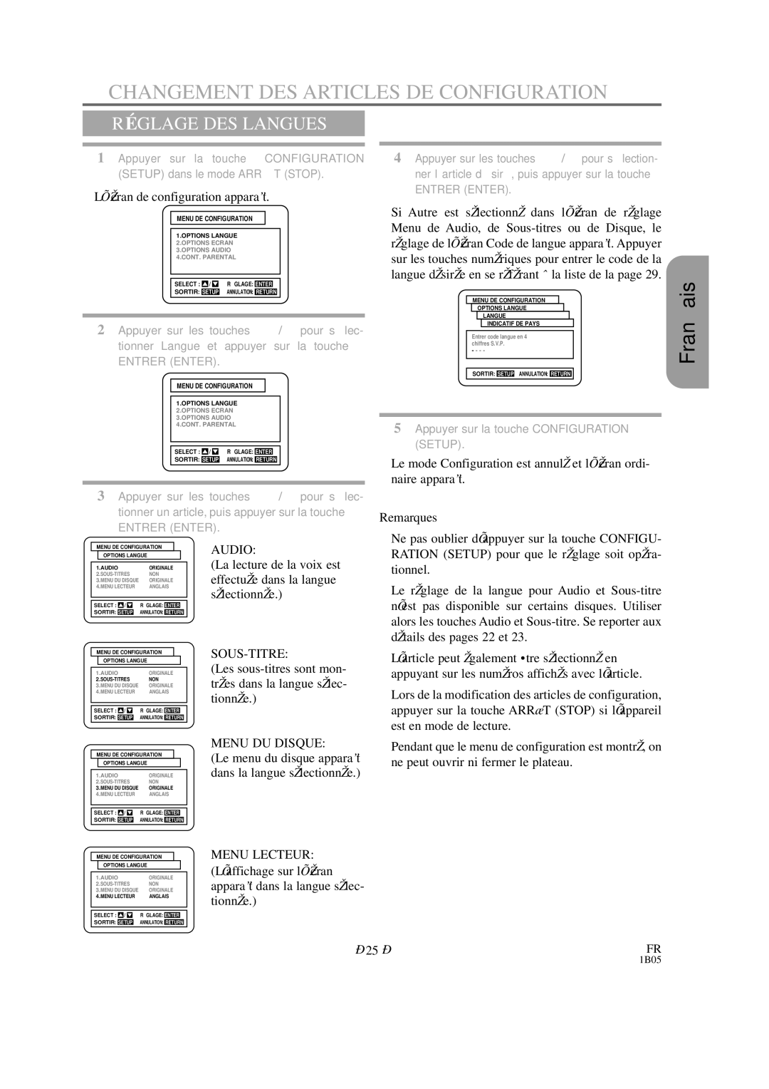 Hitachi DVP325U Changement DES Articles DE Configuration, RÉ Glage DES Langues, ¡L’écran de configuration apparaît 