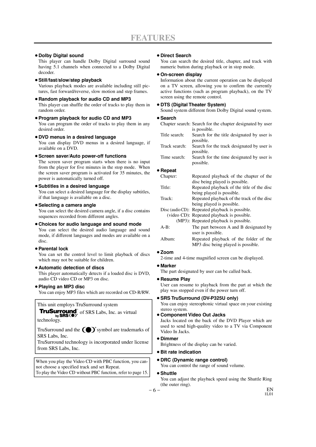 Hitachi DVP325U instruction manual Features, ¡Dolby Digital sound 