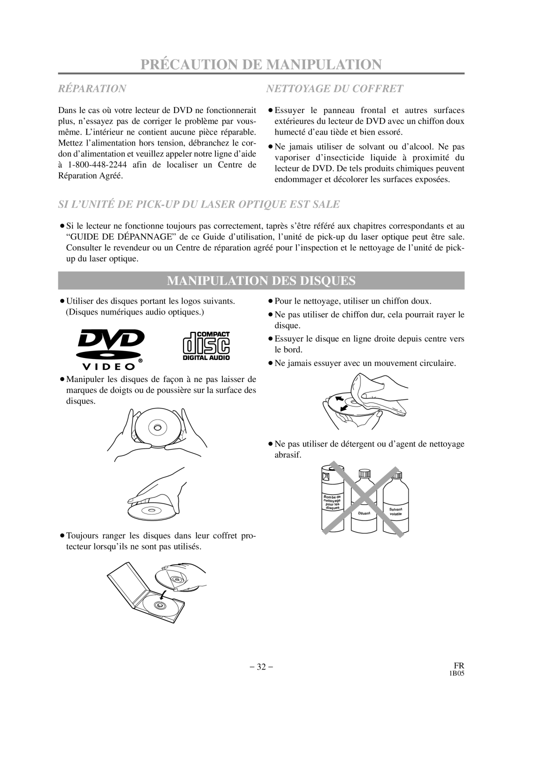 Hitachi DVP325U instruction manual PRÉ Caution DE Manipulation, Manipulation DES Disques, RÉ Paration 