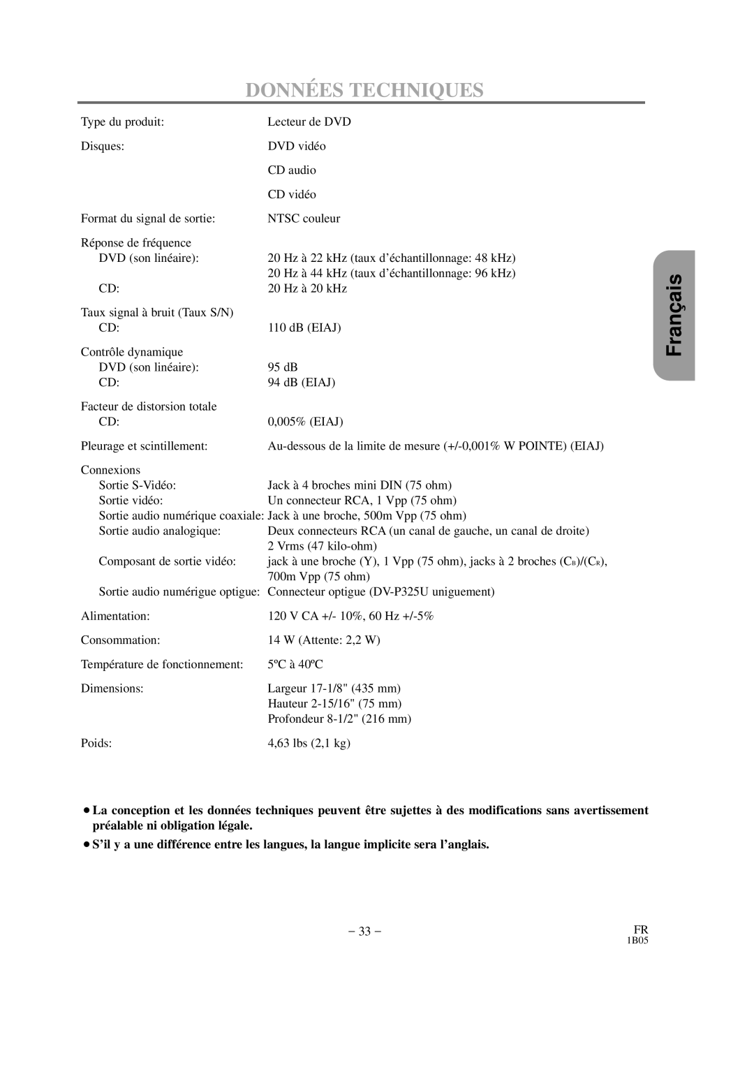 Hitachi DVP325U instruction manual Donné ES Techniques 