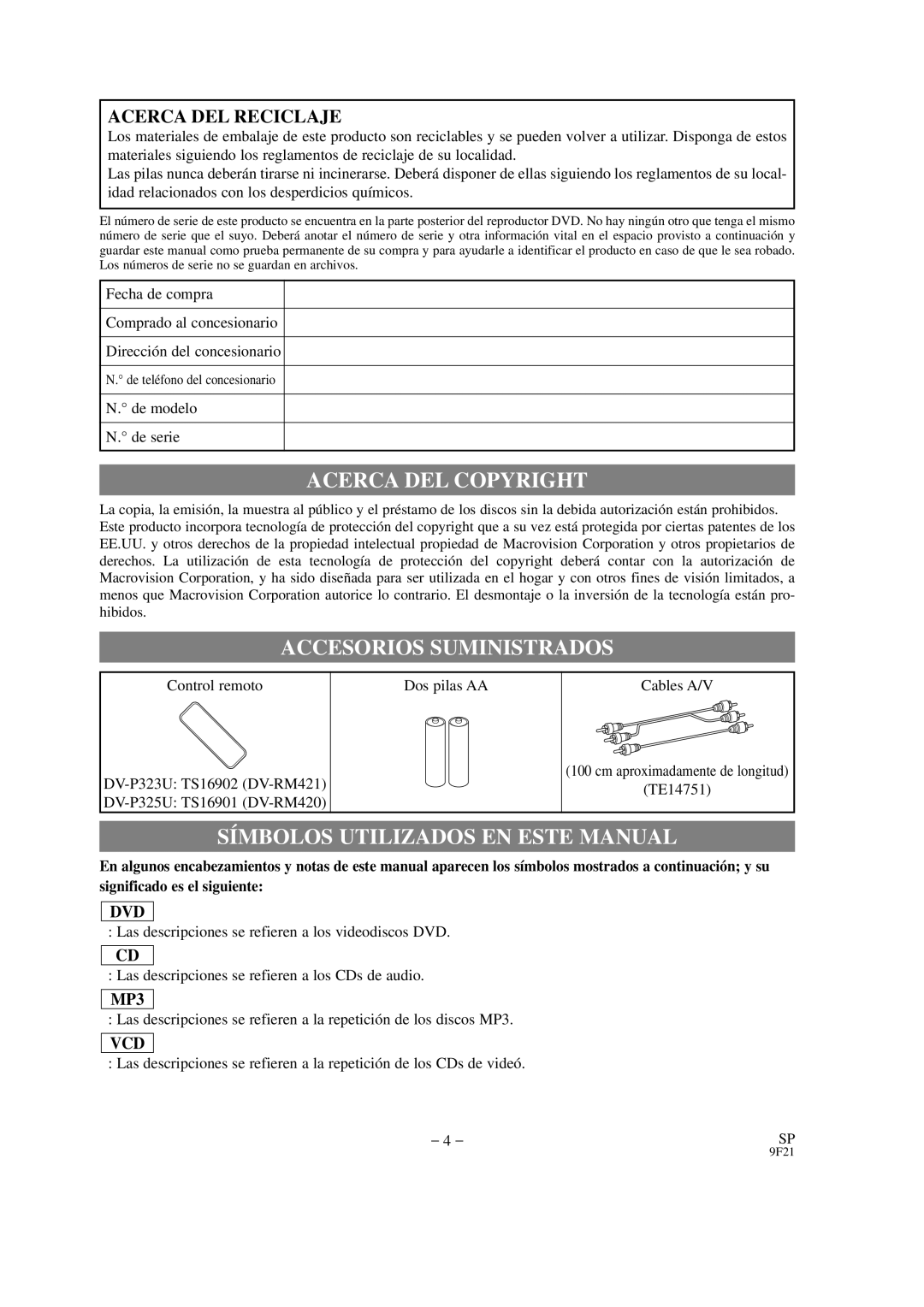 Hitachi DVP325U Acerca DEL Copyright, Accesorios Suministrados, Símbolos Utilizados EN Este Manual, De modelo De serie 