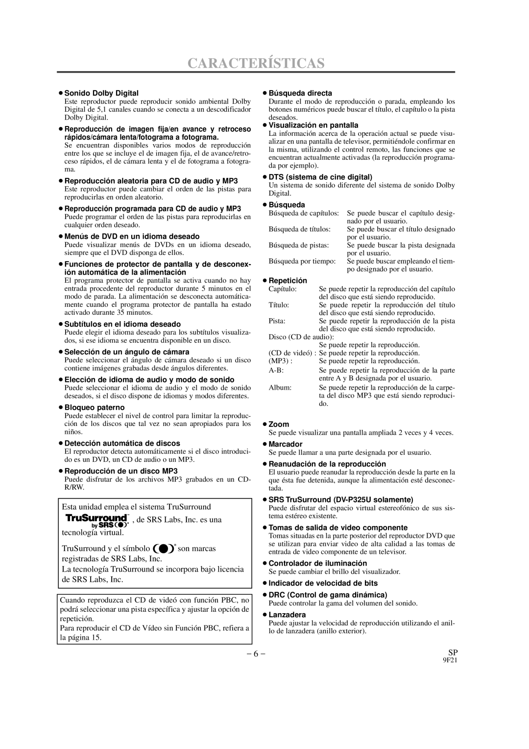 Hitachi DVP325U instruction manual Características, ¡Sonido Dolby Digital 