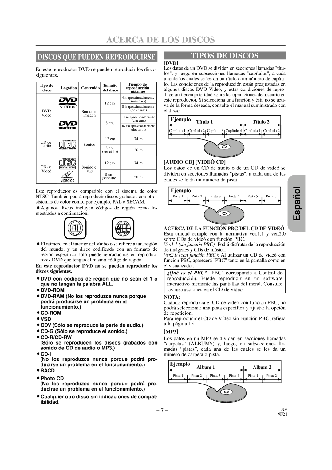 Hitachi DVP325U instruction manual Acerca DE LOS Discos, Tipos DE Discos, Ejemplo 