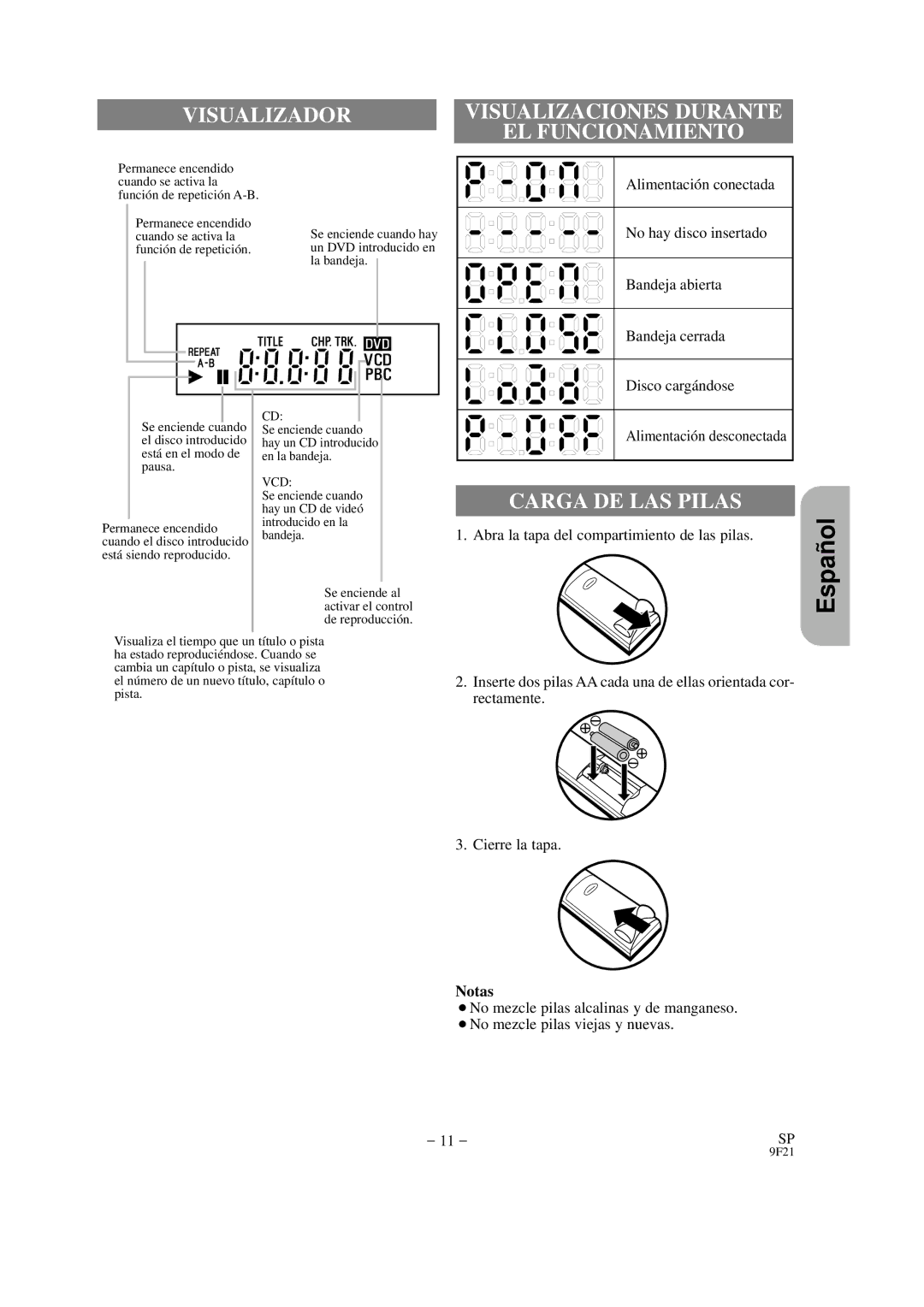 Hitachi DVP325U instruction manual Visualizador, Visualizaciones Durante EL Funcionamiento, Carga DE LAS Pilas, Notas 