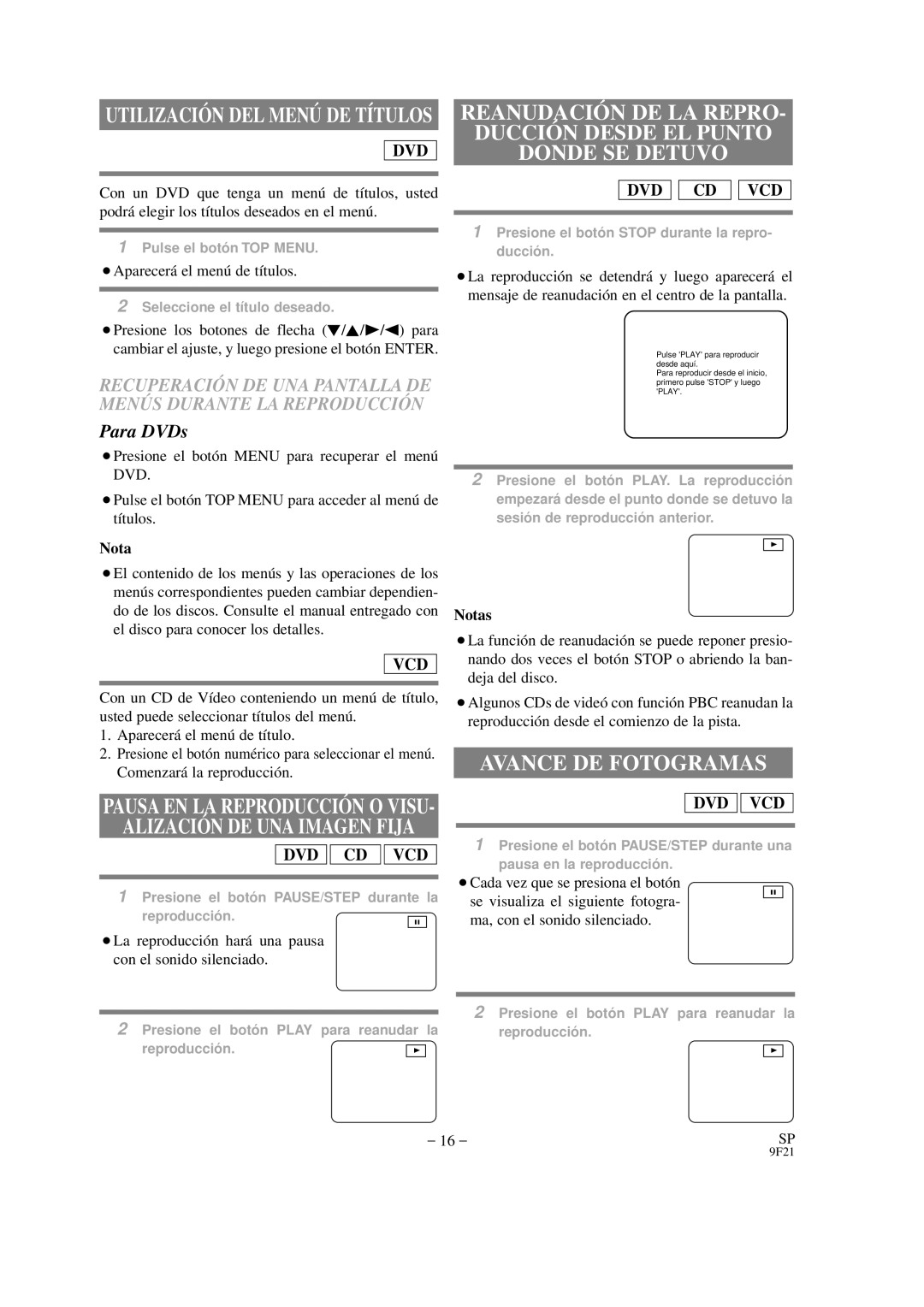 Hitachi DVP325U instruction manual Avance DE Fotogramas, Para DVDs, ¡Aparecerá el menú de títulos 