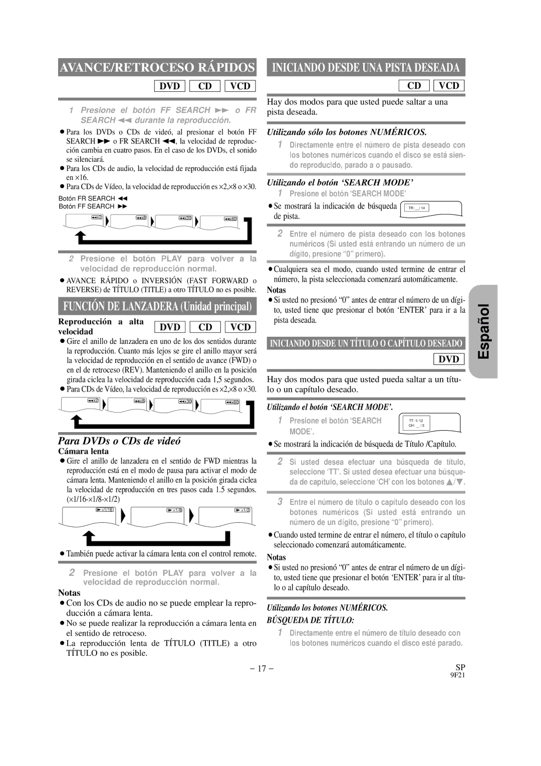 Hitachi DVP325U instruction manual Para DVDs o CDs de videó, Reproducció n a alta, Velocidad, Cámara lenta 