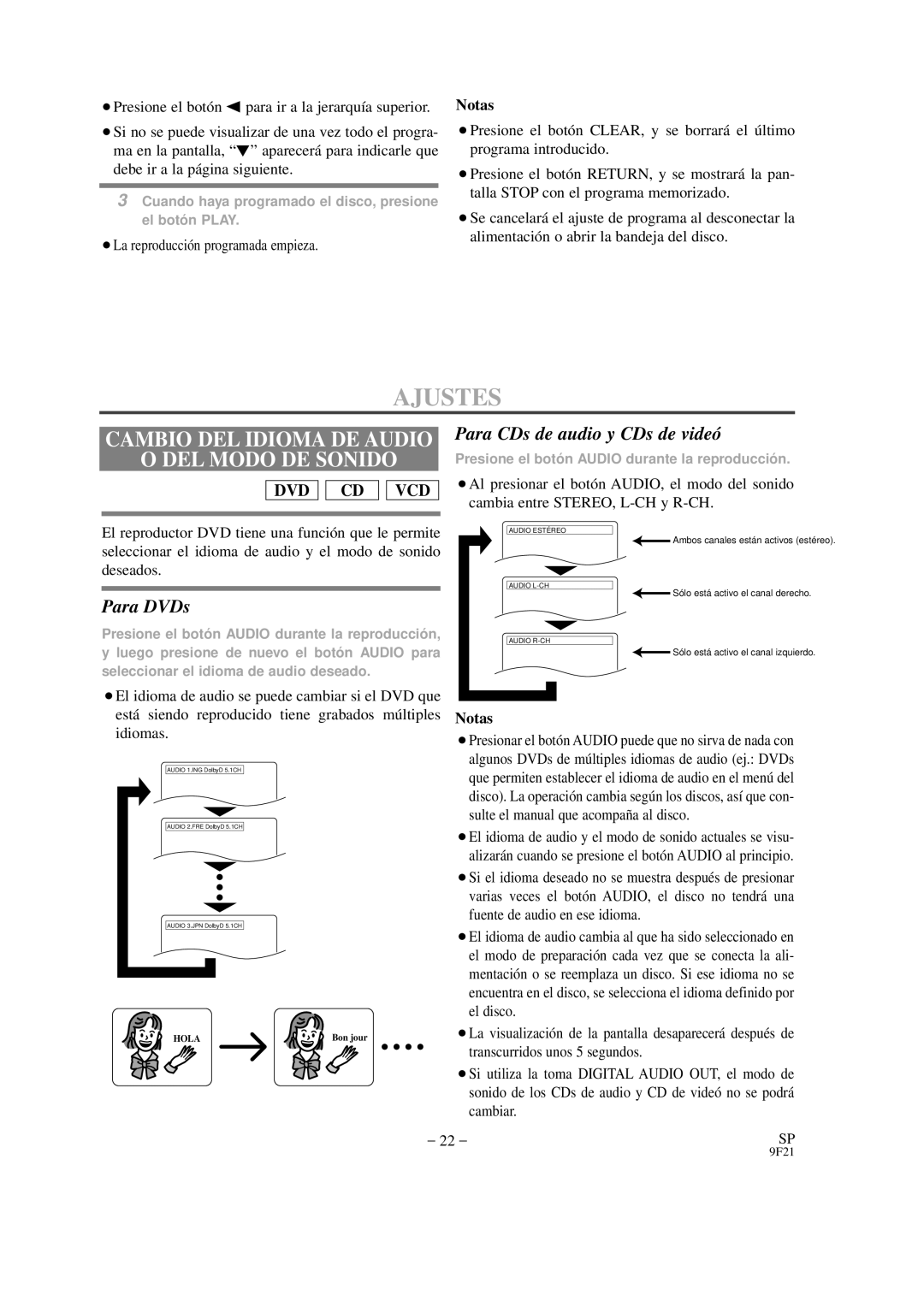 Hitachi DVP325U Ajustes, DEL Modo DE Sonido, Para CDs de audio y CDs de videó, ¡La reproducción programada empieza 