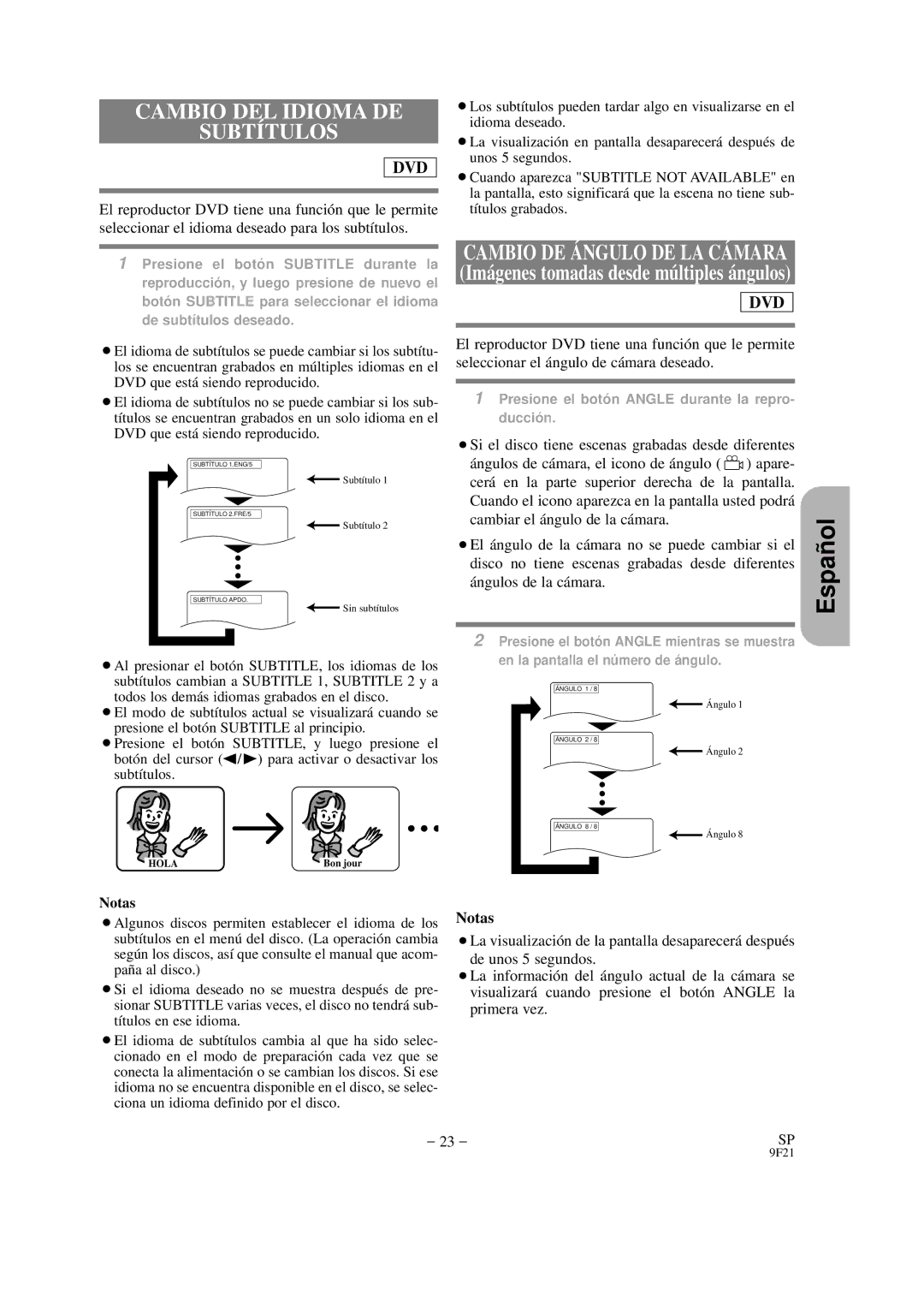 Hitachi DVP325U instruction manual Cambio DEL Idioma DE Subtítulos, Cambio DE Á Ngulo DE LA CÁ Mara 