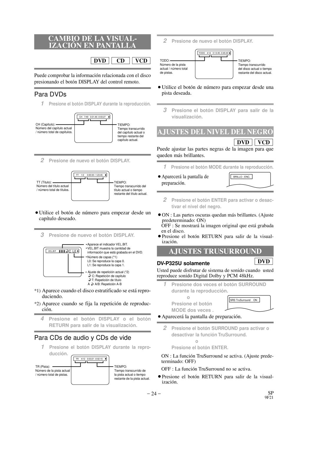 Hitachi DVP325U instruction manual Ajustes DEL Nivel DEL Negro, Ajustes Trusurround, ¡Aparecerá la pantalla de, Preparación 