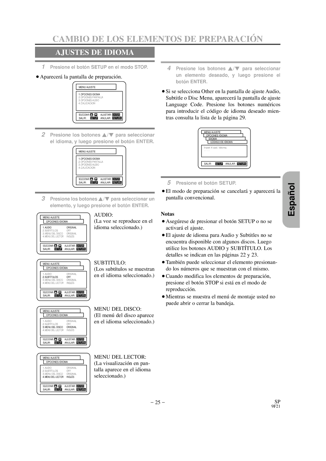 Hitachi DVP325U Cambio DE LOS Elementos DE Preparació N, Ajustes DE Idioma, La voz se reproduce en el idioma seleccionado 