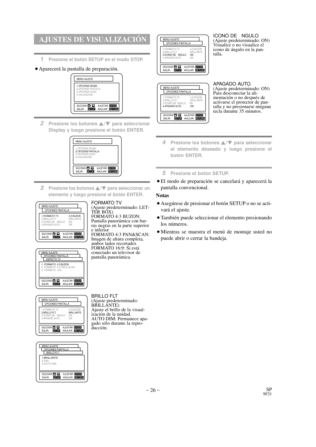 Hitachi DVP325U instruction manual Ajustes DE Visualizació N, Icono DE Á Ngulo 