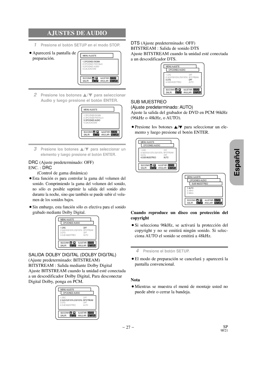 Hitachi DVP325U instruction manual Ajustes DE Audio, Preparació n, DRC Ajuste predeterminado OFF 