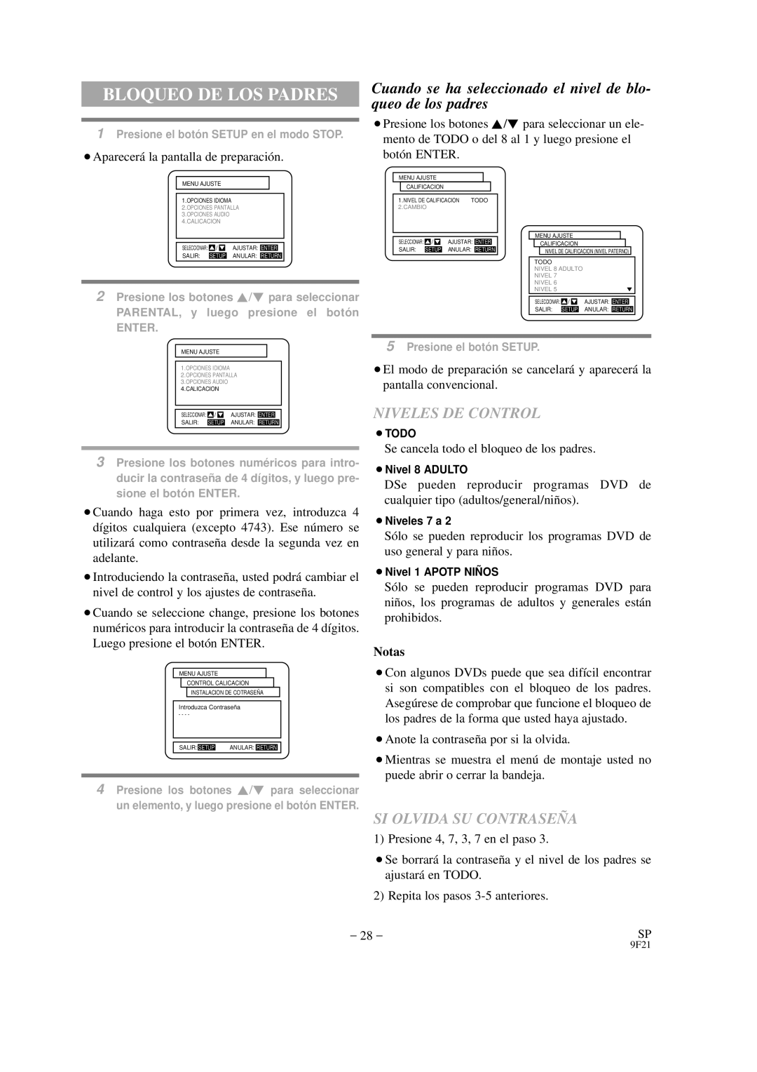 Hitachi DVP325U instruction manual Bloqueo DE LOS Padres, Niveles DE Control, SI Olvida SU Contraseñ a 