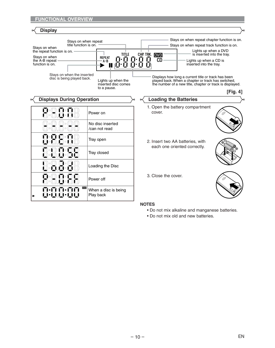 Hitachi DVP335E instruction manual Displays During Operation, Loading the Batteries 