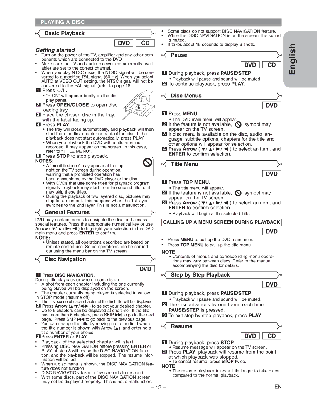 Hitachi DVP335E instruction manual Dvd Cd, Playing a Disc 