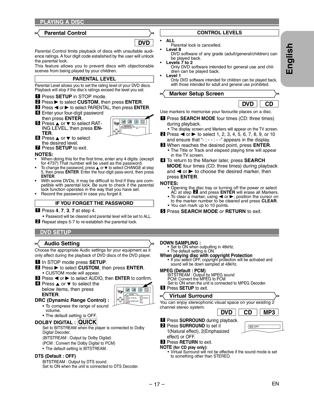 Hitachi DVP335E instruction manual Parental Control, Marker Setup Screen, DVD Setup, Audio Setting, Virtual Surround 