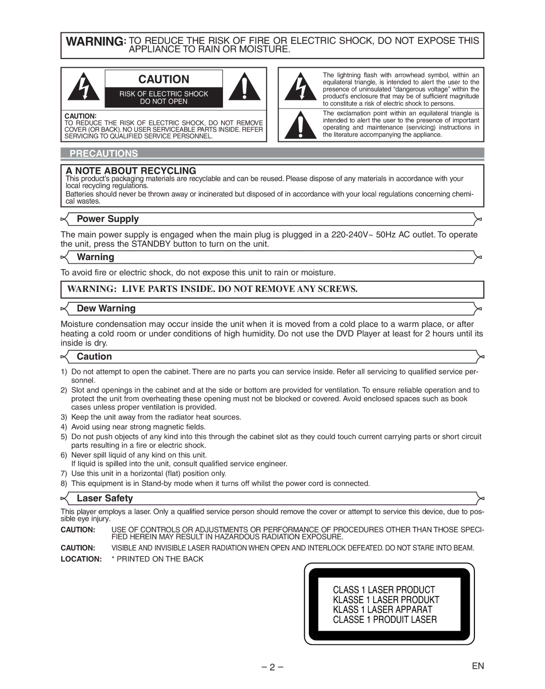 Hitachi DVP335E instruction manual Precautions, Power Supply, Dew Warning, Laser Safety 