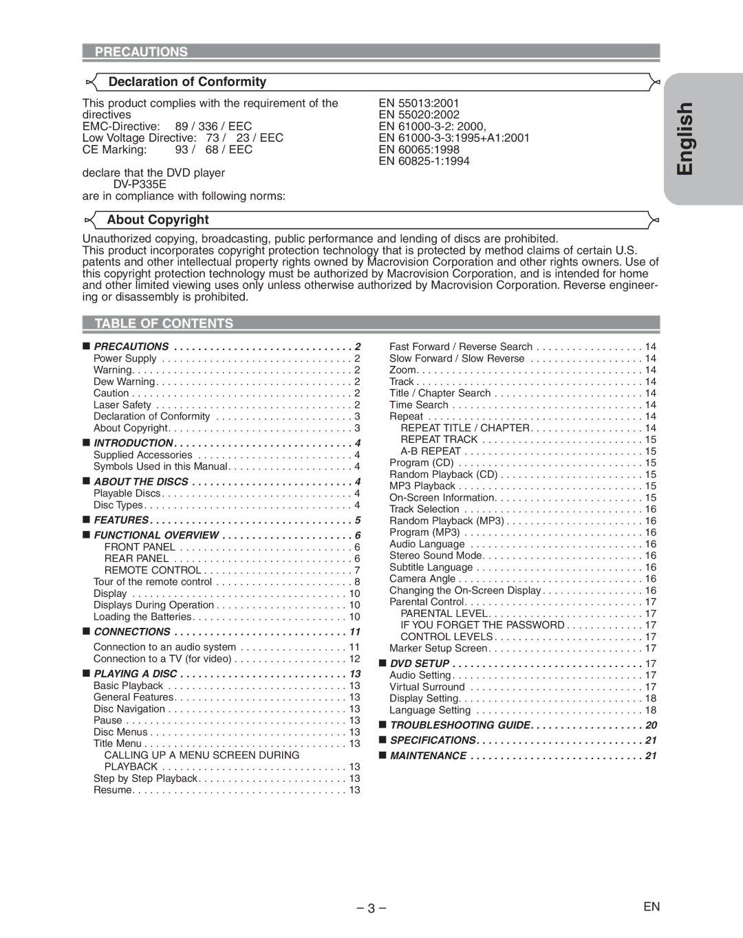 Hitachi DVP335E instruction manual Declaration of Conformity, About Copyright, Table of Contents 