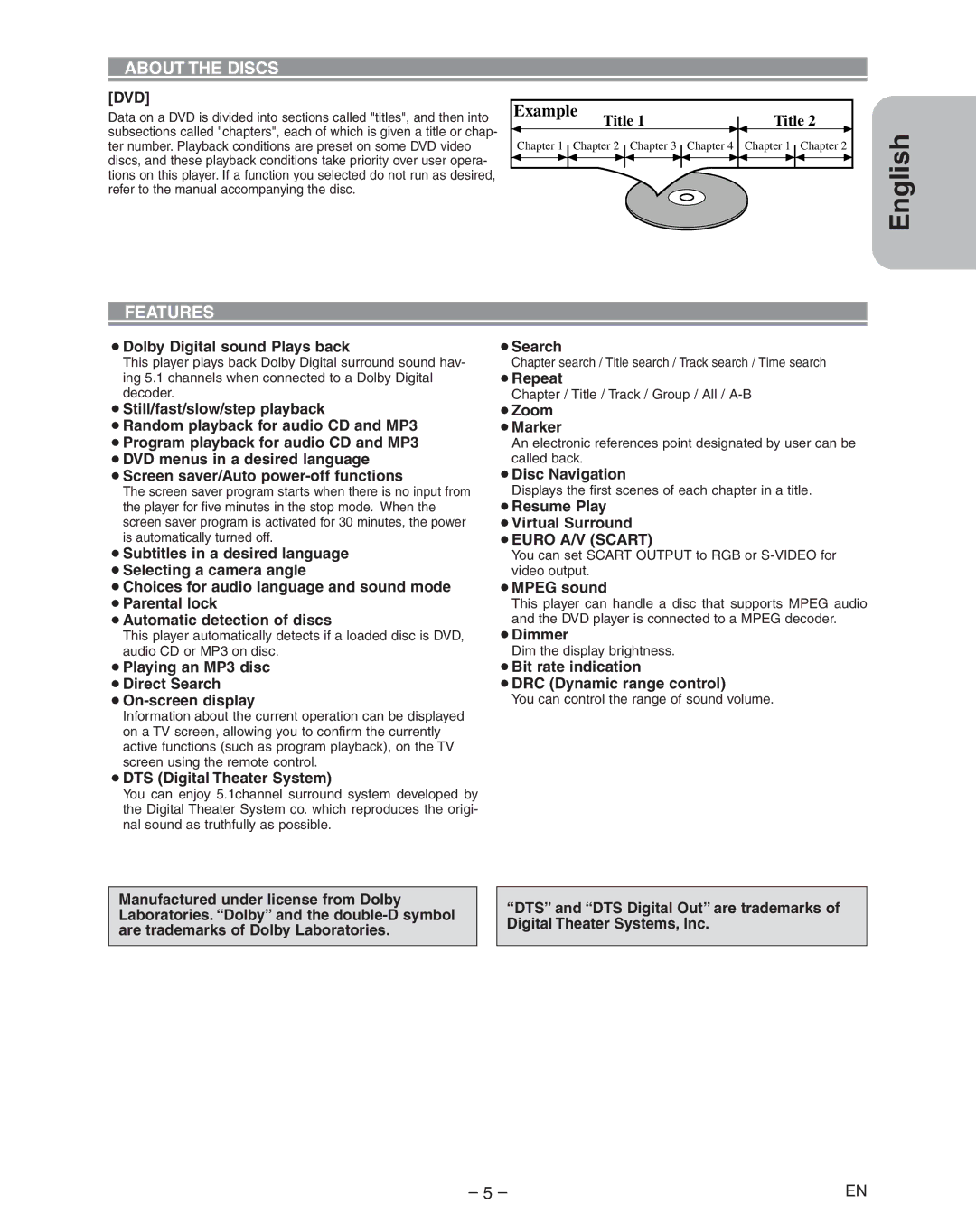 Hitachi DVP335E instruction manual Features, Dvd, ¡EURO A/V Scart 