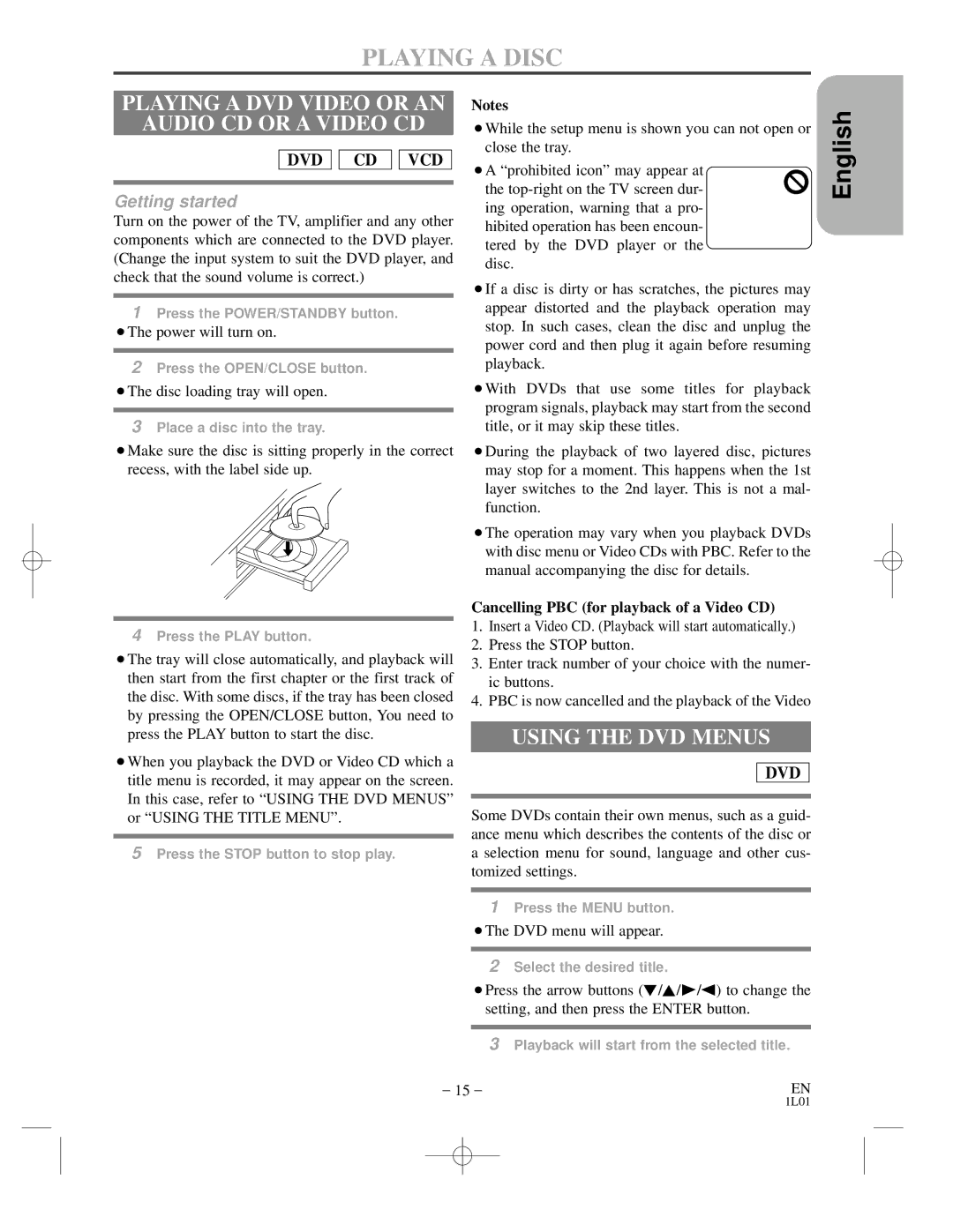 Hitachi DVP725U instruction manual Playing a Disc, Playing a DVD Video or AN Audio CD or a Video CD, Using the DVD Menus 