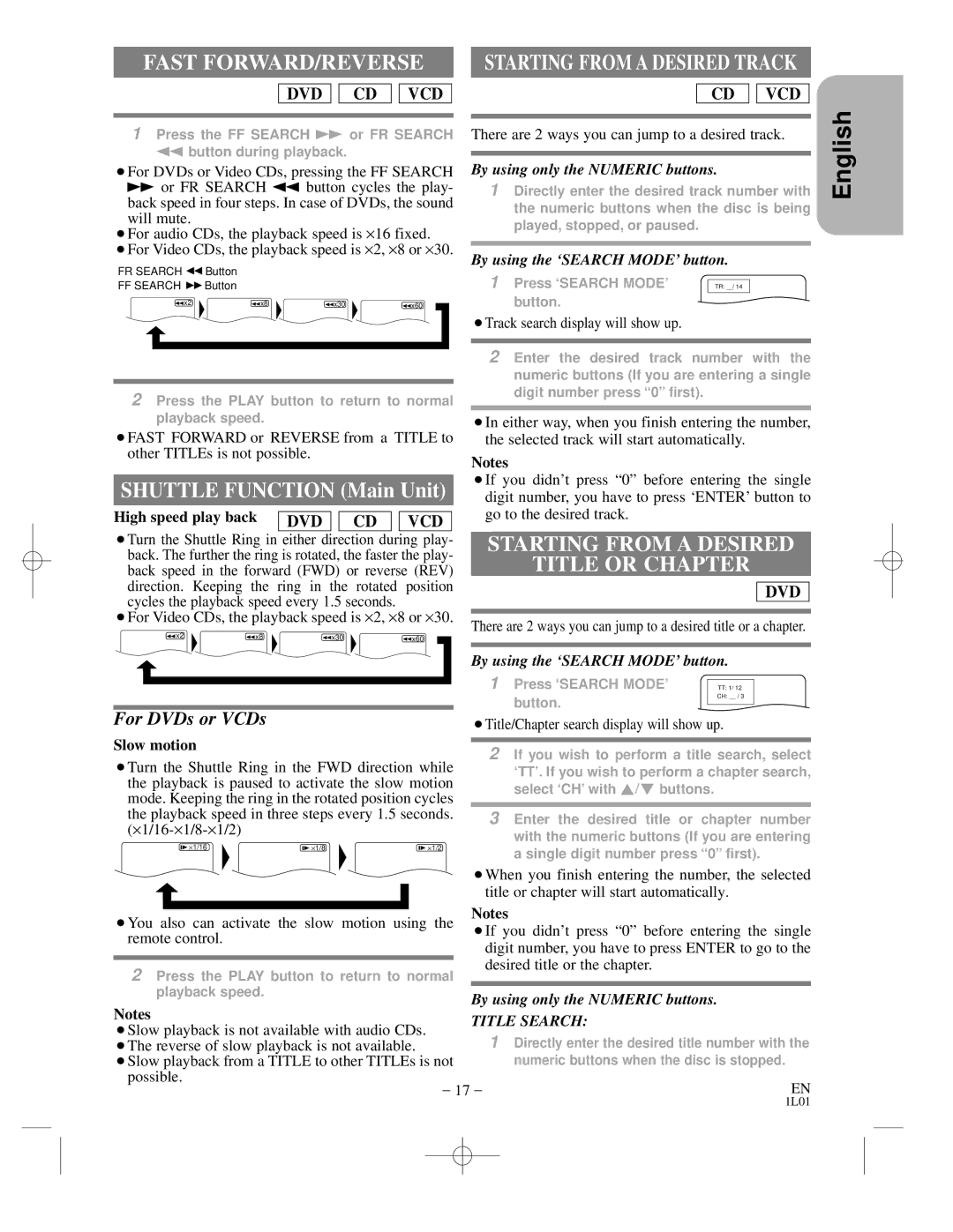 Hitachi DVP725U instruction manual Fast FORWARD/REVERSE, Starting from a Desired Title or Chapter, For DVDs or VCDs 