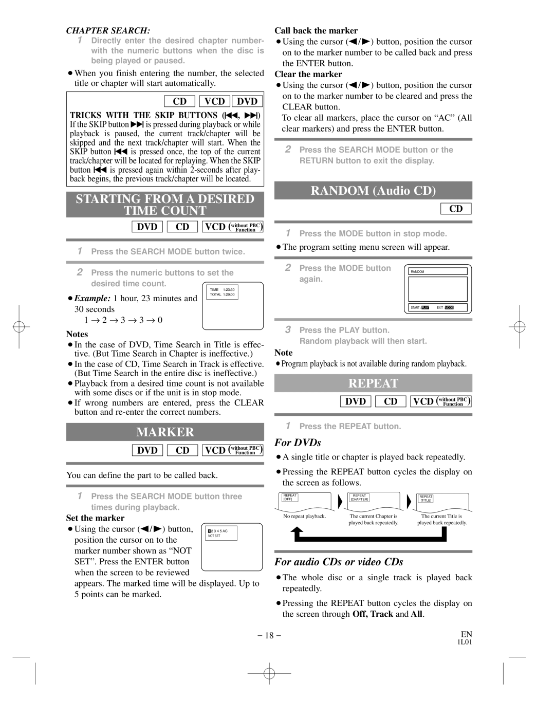 Hitachi DVP725U instruction manual Starting from a Desired Time Count, Marker, Repeat, For audio CDs or video CDs 