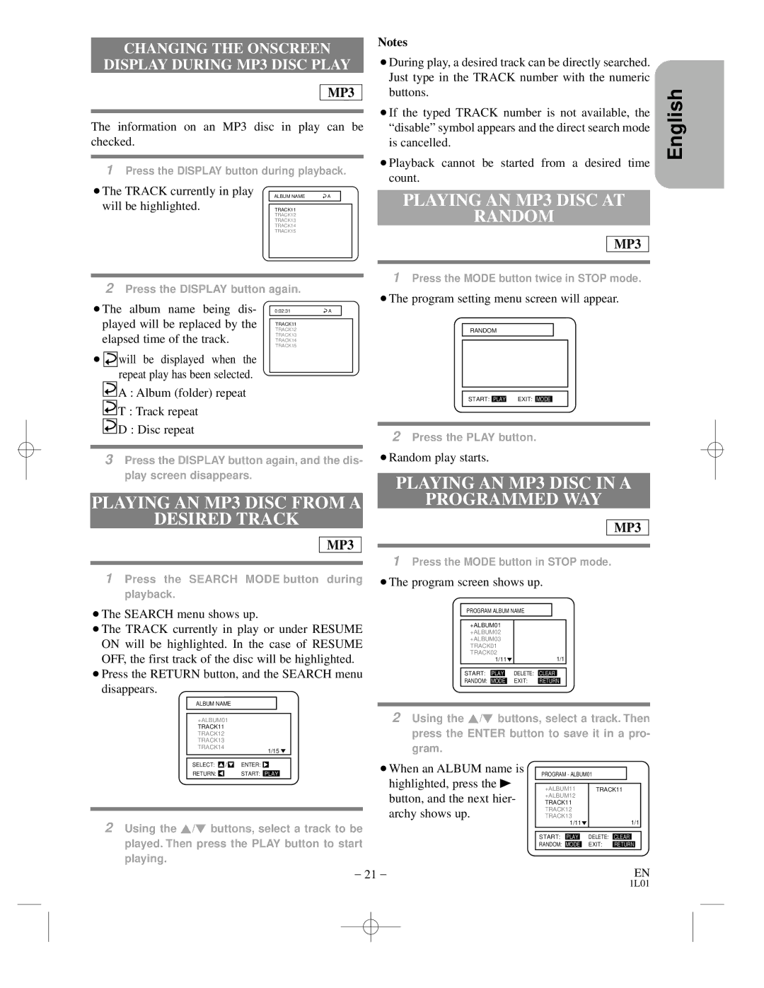 Hitachi DVP725U instruction manual Playing AN MP3 Disc AT Random, Playing AN MP3 Disc from a Desired Track 