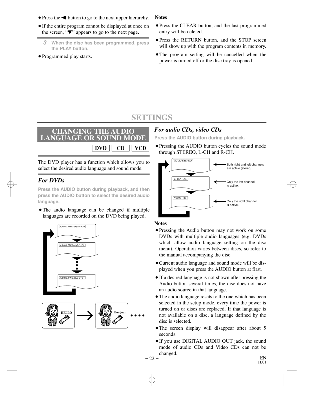 Hitachi DVP725U instruction manual Settings, Changing the Audio Language or Sound Mode, For audio CDs, video CDs 