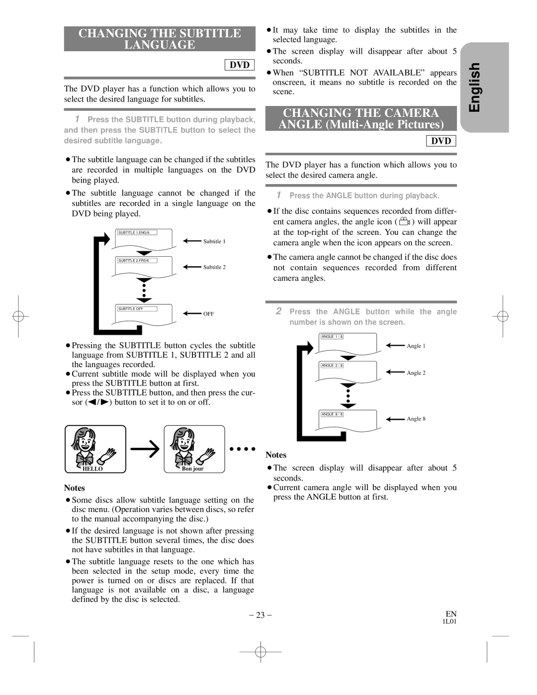 Hitachi DVP725U instruction manual Changing the Subtitle Language, Changing the Camera 