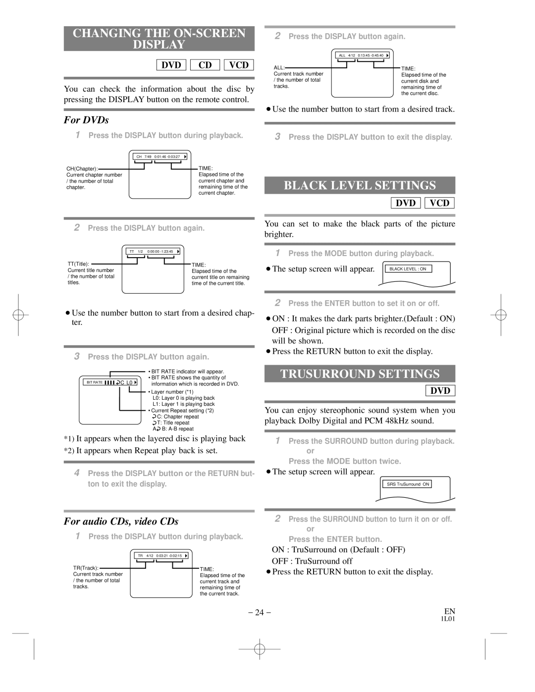 Hitachi DVP725U instruction manual Changing the ON-SCREEN Display, Black Level Settings, Trusurround Settings 