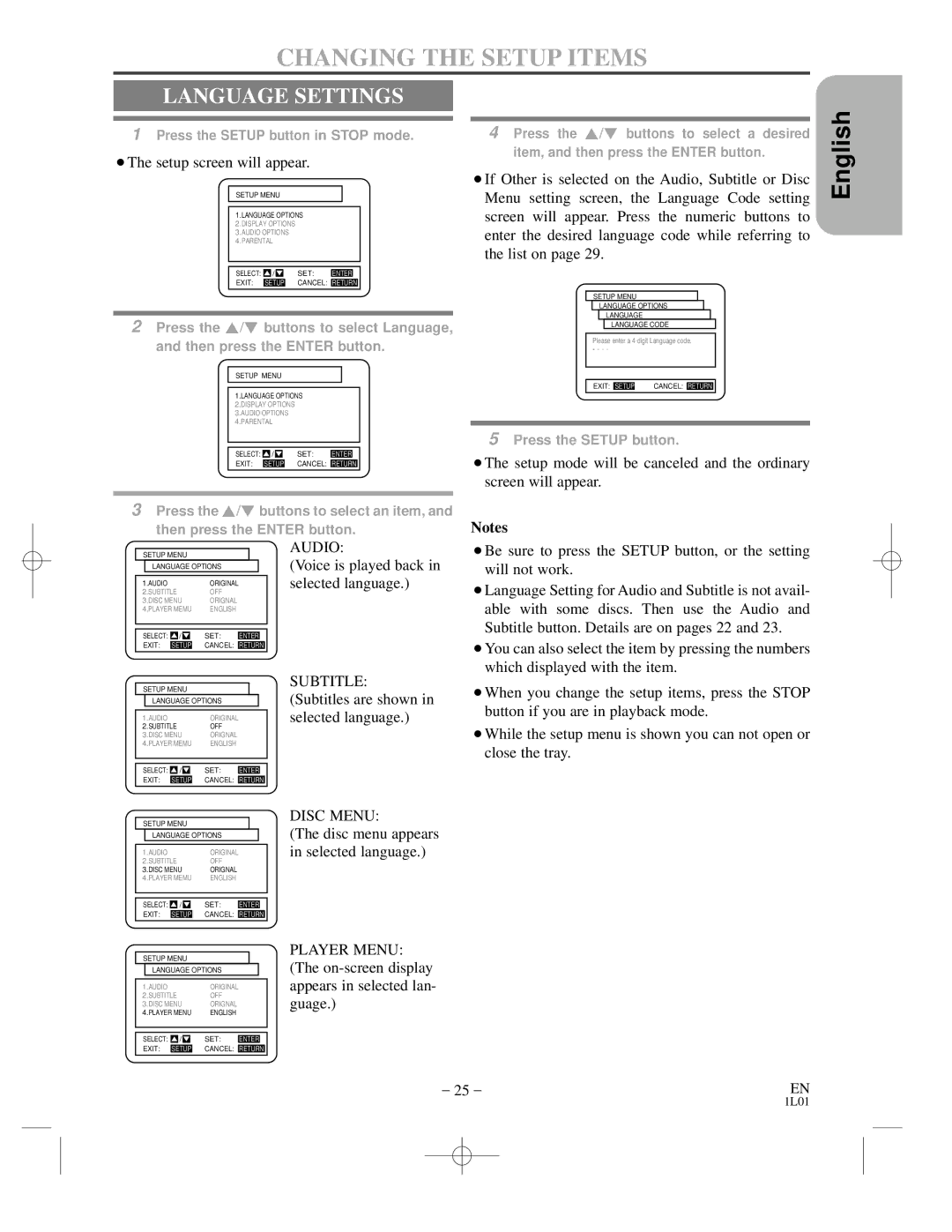 Hitachi DVP725U instruction manual Changing the Setup Items, Language Settings, Voice is played back in selected language 