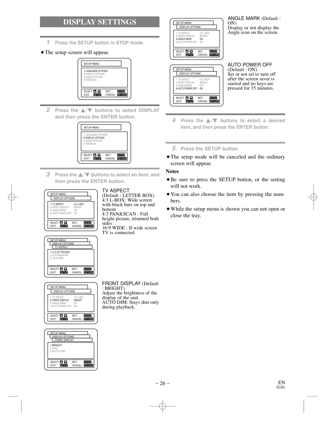 Hitachi DVP725U instruction manual Display Settings, Auto Power OFF 