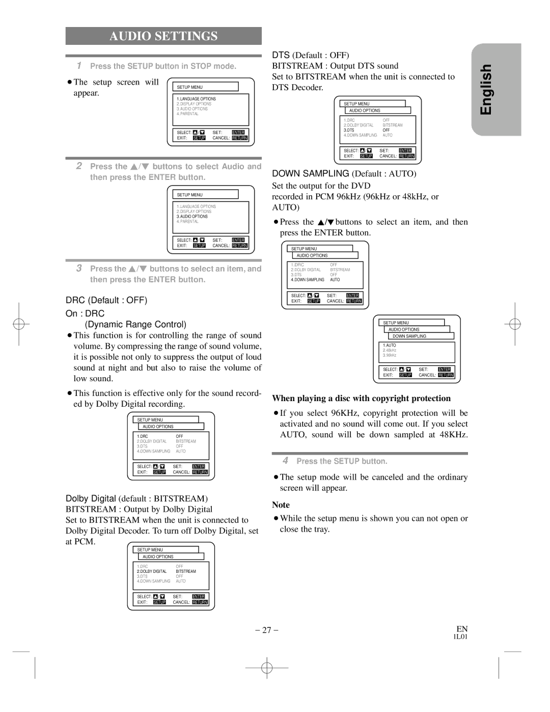 Hitachi DVP725U Audio Settings, ¡The setup screen will, Appear, When playing a disc with copyright protection 