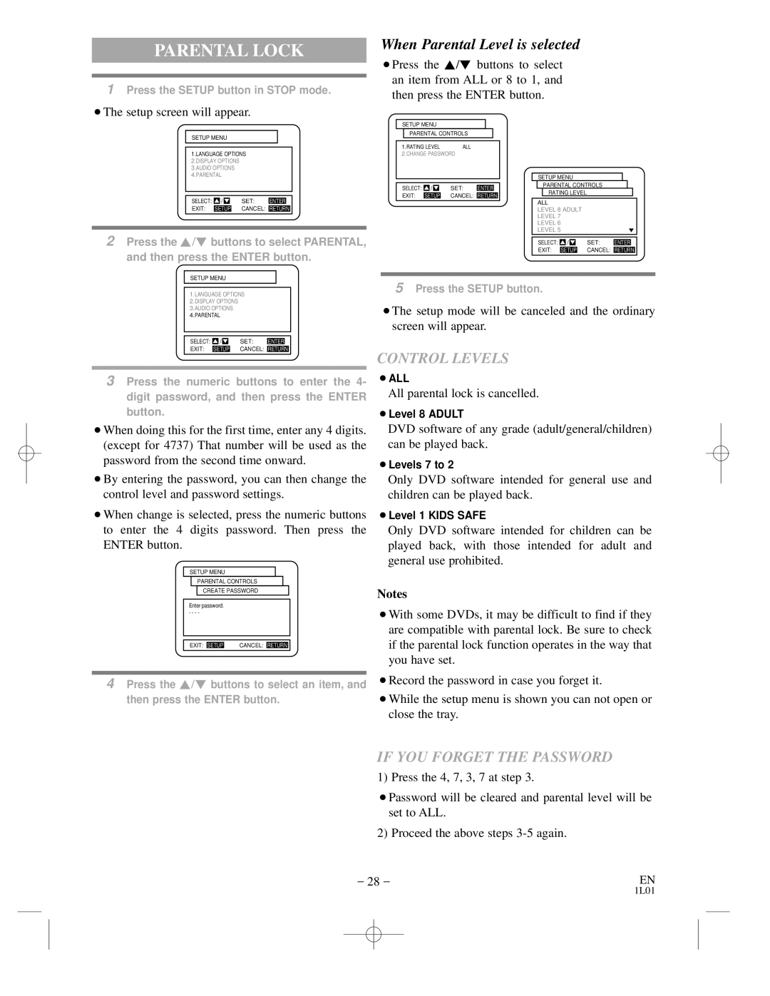 Hitachi DVP725U instruction manual Parental Lock, When Parental Level is selected, All parental lock is cancelled 