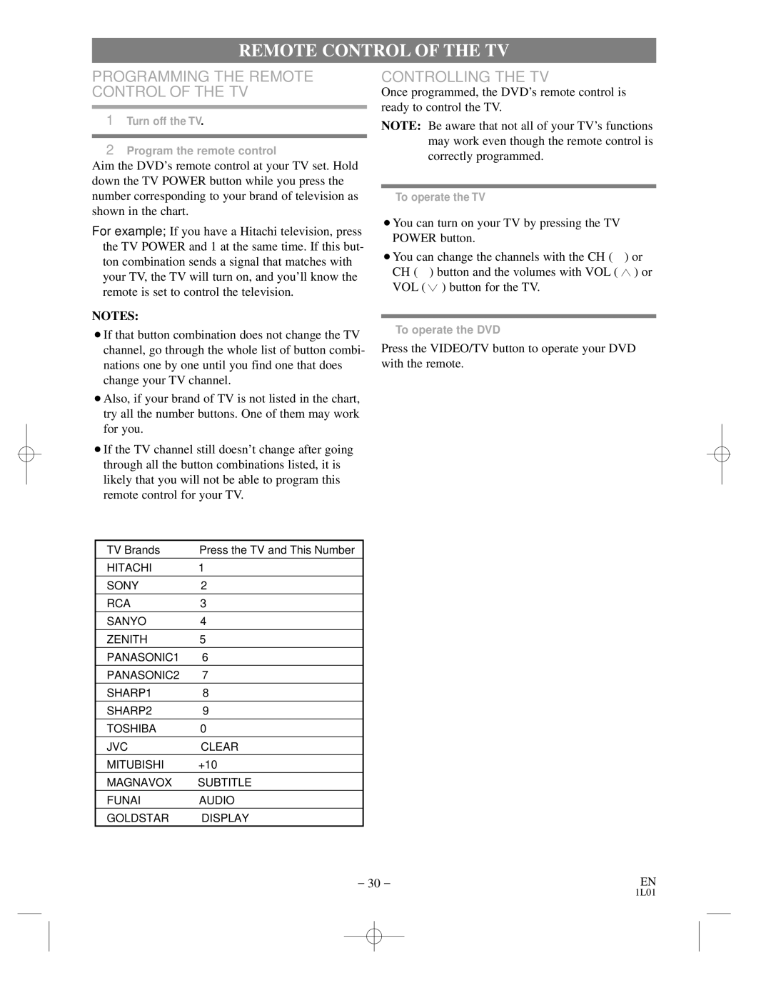 Hitachi DVP725U instruction manual Programming the Remote Control of the TV 