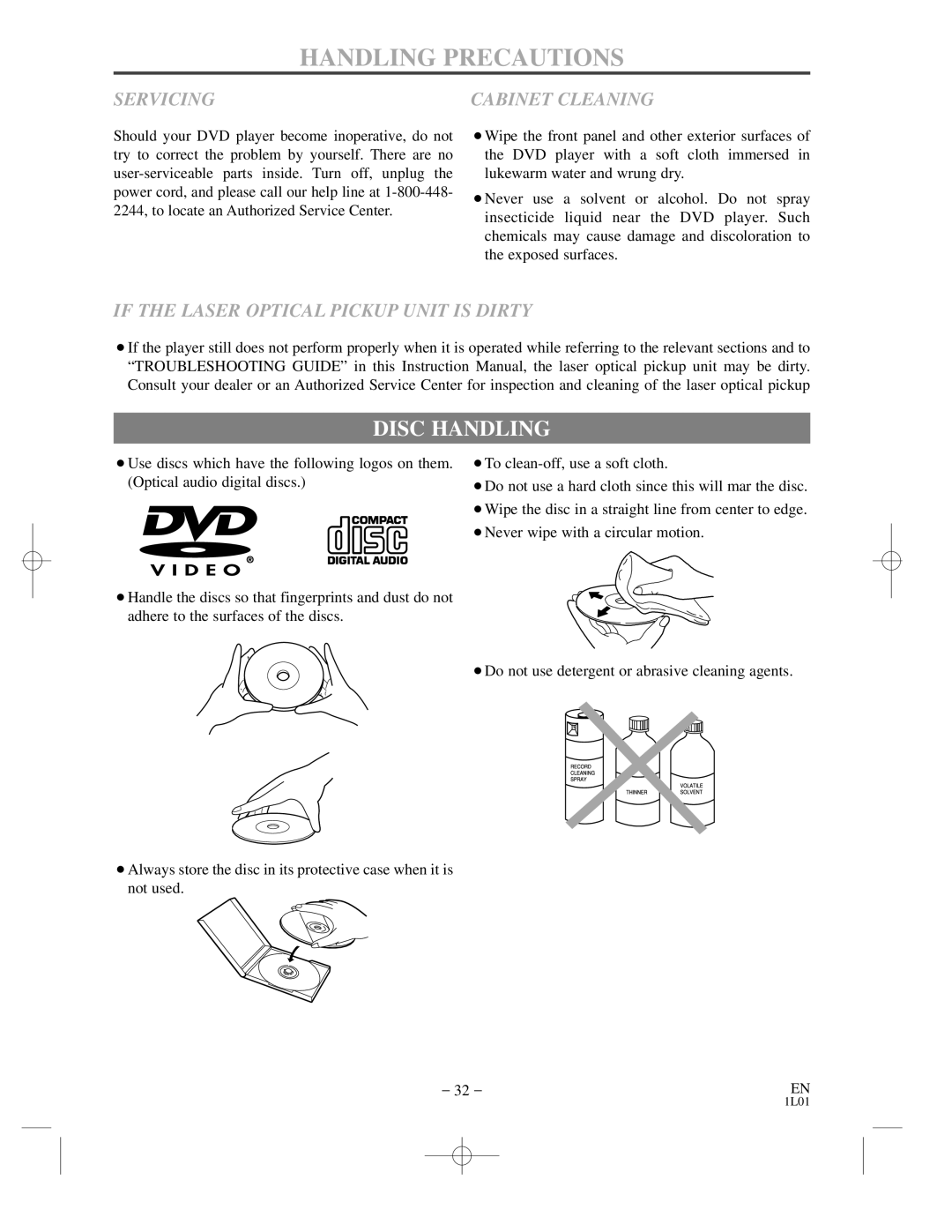 Hitachi DVP725U instruction manual Handling Precautions, Disc Handling 