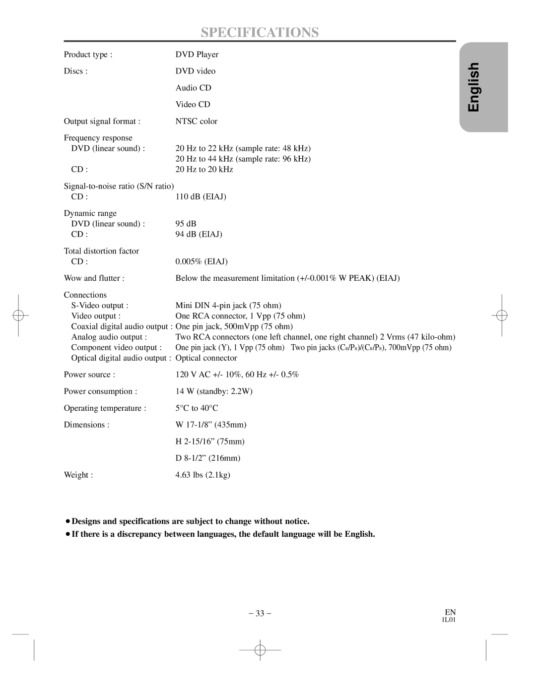 Hitachi DVP725U instruction manual Specifications 