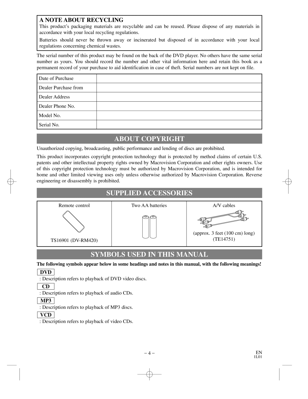 Hitachi DVP725U instruction manual About Copyright, Supplied Accessories, Symbols Used in this Manual 