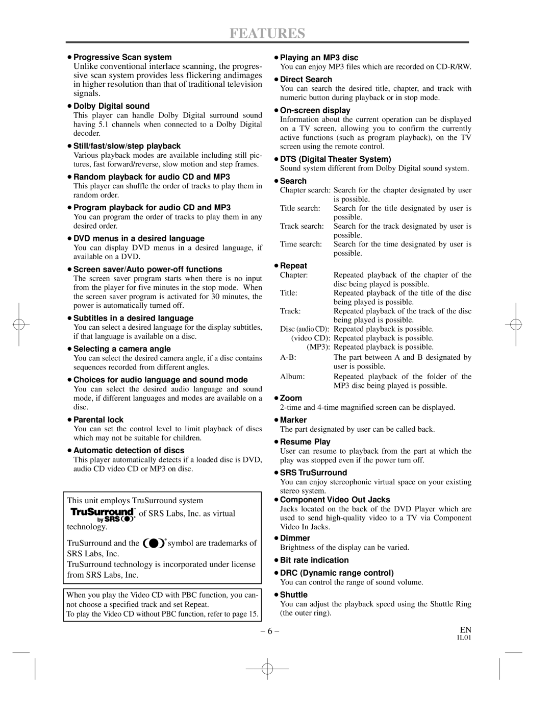 Hitachi DVP725U instruction manual Features, ¡Dolby Digital sound 